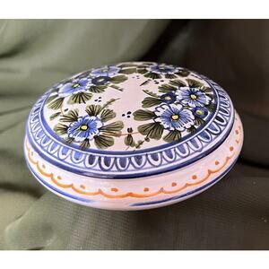 L.C. DA Castelli Signed Trinket Box Jar Blue Flowers Round 4" dia